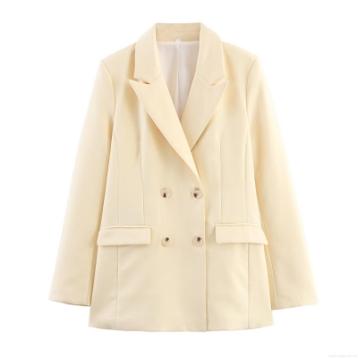 Women's Double Breasted Blazer Jacket Lapel Long Sleeve Solid Color Polyester Suit Coat For Autumn Office Lady Street Style