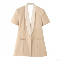 Women Backless Short Sleeve Blazer Chic Contrast Shawl Collar Cut Out V-Back Single Breasted Polyester Woven Suit Jacket For Office Commute Party Streetwear