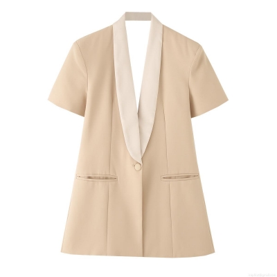 Women Backless Short Sleeve Blazer Chic Contrast Shawl Collar Cut Out V-Back Single Breasted Polyester Woven Suit Jacket For Office Commute Party Streetwear