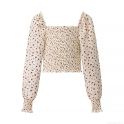 Women's Floral Print Cropped Blouse Polyester Smocked Square Neck Long Puff Sleeve Top Elegant Streetwear Pullover Shirt For Women