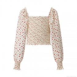 Women's Floral Print Cropped Blouse Polyester Smocked Square Neck Long Puff Sleeve Top Elegant Streetwear Pullover Shirt For Women