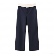 Women's High Waist Contrast Waistband Straight Leg Trousers Casual Loose Suit Pants Autumn Office Commute Navy Blue Fashion Long Pants