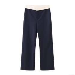 Women's High Waist Contrast Waistband Straight Leg Trousers Casual Loose Suit Pants Autumn Office Commute Navy Blue Fashion Long Pants