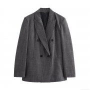Women's Double Breasted Blazer Jacket With Shoulder Pads Polyester Twill Long Sleeve Lapel Suit For Office Work Casual Street Style Autumn Outwear