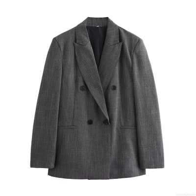 Women's Double Breasted Blazer Jacket With Shoulder Pads Polyester Twill Long Sleeve Lapel Suit For Office Work Casual Street Style Autumn Outwear