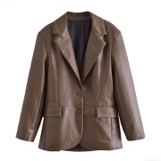 Women's PU Leather Blazer Suit Jacket Lapel Long Sleeve Single Breasted Loose Fit Streetwear With Pockets Solid Dark Brown Autumn Outerwear Coat