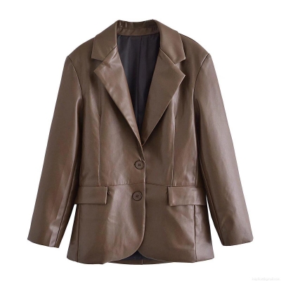 Women's PU Leather Blazer Suit Jacket Lapel Long Sleeve Single Breasted Loose Fit Streetwear With Pockets Solid Dark Brown Autumn Outerwear Coat