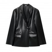 Women's Solid Black PU Faux Leather Blazer Notched Lapel Single Breasted Long Sleeve Oversized Jacket With Pockets Fall Winter Streetwear Outerwear