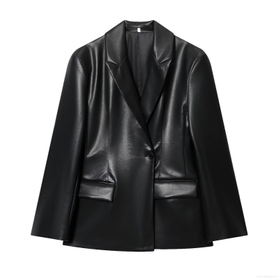Women's Solid Black PU Faux Leather Blazer Notched Lapel Single Breasted Long Sleeve Oversized Jacket With Pockets Fall Winter Streetwear Outerwear