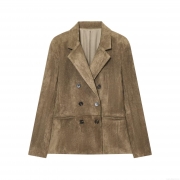 Women Fashion Faux Suede Double Breasted Blazer Jacket Solid Brown Lapel Long Sleeve Office Work Suit Outerwear Casual Streetwear Coat