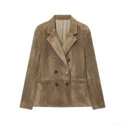 Women Fashion Faux Suede Double Breasted Blazer Jacket Solid Brown Lapel Long Sleeve Office Work Suit Outerwear Casual Streetwear Coat