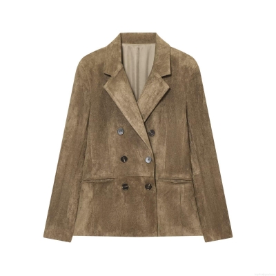Women Fashion Faux Suede Double Breasted Blazer Jacket Solid Brown Lapel Long Sleeve Office Work Suit Outerwear Casual Streetwear Coat