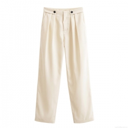 Women's High Waist Wide Leg Casual Pants Button Decorative Pleated Long Trousers Solid Color Streetwear 100% Polyester Cream White Trousers