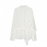 Women's Elegant Asymmetric White Blouse Long Sleeve Round Neck Silky Polyester Shirt With Back Tie Bow Irregular Design Casual Streetwear Top
