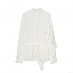 Women's Elegant Asymmetric White Blouse Long Sleeve Round Neck Silky Polyester Shirt With Back Tie Bow Irregular Design Casual Streetwear Top