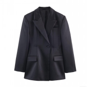 Women's European Style Double Breasted Satin Blazer Slim Fit Long Sleeve Lapel Collar Suit Jacket Professional Business Office Party Outerwear Elegant Streetwear