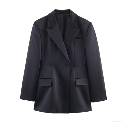 Women's European Style Double Breasted Satin Blazer Slim Fit Long Sleeve Lapel Collar Suit Jacket Professional Business Office Party Outerwear Elegant Streetwear