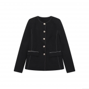Women's Elegant Black Blazer Jacket Contrast Topstitching Single Breasted Round Neck Long Sleeve Suit Outwear For Daily Office Streetwear