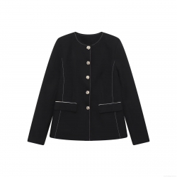 Women's Elegant Black Blazer Jacket Contrast Topstitching Single Breasted Round Neck Long Sleeve Suit Outwear For Daily Office Streetwear