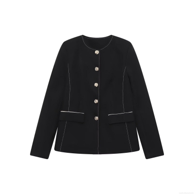 Women's Elegant Black Blazer Jacket Contrast Topstitching Single Breasted Round Neck Long Sleeve Suit Outwear For Daily Office Streetwear