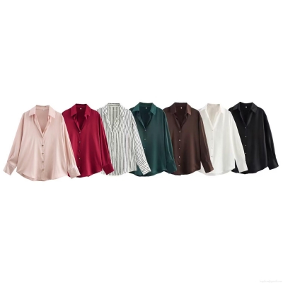 Women's Elegant Satin Texture Long Sleeve Shirt Stylish Loose Fit Button Down Blouse Striped Solid Color Office Lady Commuter Polyester Spandex Tops