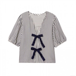 Women's Summer Striped Seersucker Blouse V Neck Bow Tie Front Puff Sleeve Casual Top Loose Fit Pullover Shirt for Daily Wear