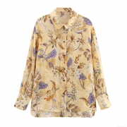 Women's Floral Print Linen Blend Long Sleeve Shirt Summer Loose Fit Polo Neck Button Down Blouse Casual Vacation Commute Elegant Tops