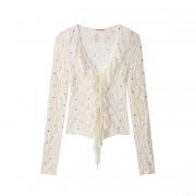 Women's Sexy Lace Blouse Long Sleeve V-Neck Ruffle Tie-Front Slim Fit Top With Metal Studs Polyester Spandex Elegant Chic Shirt For Party Club Date Night Daily Wear
