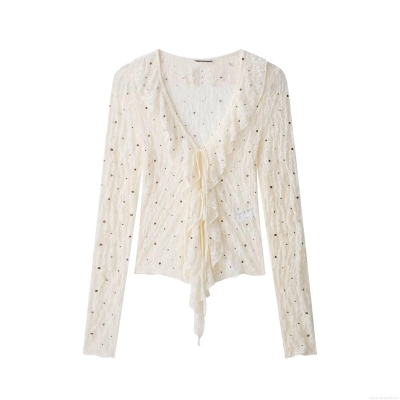 Women's Sexy Lace Blouse Long Sleeve V-Neck Ruffle Tie-Front Slim Fit Top With Metal Studs Polyester Spandex Elegant Chic Shirt For Party Club Date Night Daily Wear