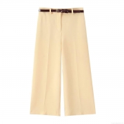 Women's High Waist Wide Leg Suit Pants With Brown Belt Elegant Apricot Straight Leg Trousers Casual Soft Polyester Suiting Fabric For Work Office Commute Autumn Fashion