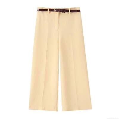 Women's High Waist Wide Leg Suit Pants With Brown Belt Elegant Apricot Straight Leg Trousers Casual Soft Polyester Suiting Fabric For Work Office Commute Autumn Fashion