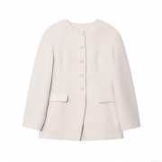 Elegant Women's Collarless Blazer Jacket Single Breasted Covered Buttons Solid Cream White Commute Office Wear Polyester Spandex Blend Autumn Outerwear With Flap Pockets