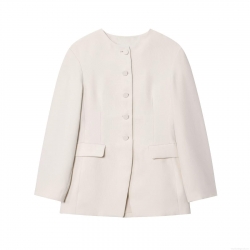 Elegant Women's Collarless Blazer Jacket Single Breasted Covered Buttons Solid Cream White Commute Office Wear Polyester Spandex Blend Autumn Outerwear With Flap Pockets