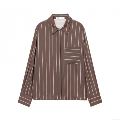 Women's Striped Long Sleeve Shirt Polyester 4-Way Stretch Casual Office Blouse With Pocket Button Down Top For Autumn Winter