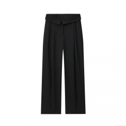 Women's High Waist Wide Leg Suit Pants Asymmetric Fold-over Waist Raw Edge Design Pockets Office Commute Minimalist Straight Trousers Full Length Casual Black Slacks