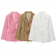 Women's Elegant Tie Waist Blazer Jacket Solid Color Lapel Long Sleeve Casual Suit Coat For Office Lady Commute Autumn Winter Women Clothes