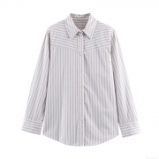 Women Fashion Striped Poplin Shirt Padded Shoulder Long Sleeve Blouse Grey White Vertical Stripes Single Breasted Top Classic Shirt Collar Casual Office Button Down