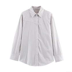 Women Fashion Striped Poplin Shirt Padded Shoulder Long Sleeve Blouse Grey White Vertical Stripes Single Breasted Top Classic Shirt Collar Casual Office Button Down