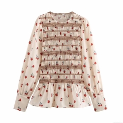 Women's Floral Print Smocked Blouse Polyester Long Sleeve Round Neck Ruffle Hem Top Vintage Casual Streetwear Shirt For Women Spring Autumn
