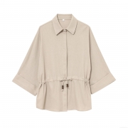 Women's Casual Cotton Linen Blend Shirt Long Sleeve Drawstring Waist Blouse With Wood Beads Solid Color Relaxed Fit Top For Daily Travel