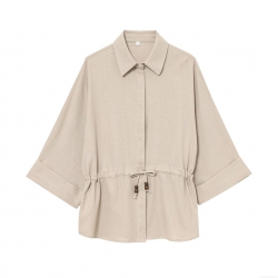 Women's Casual Cotton Linen Blend Shirt Long Sleeve Drawstring Waist Blouse With Wood Beads Solid Color Relaxed Fit Top For Daily Travel