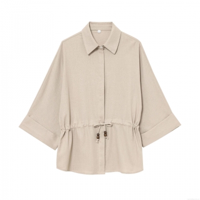 Women's Casual Cotton Linen Blend Shirt Long Sleeve Drawstring Waist Blouse With Wood Beads Solid Color Relaxed Fit Top For Daily Travel