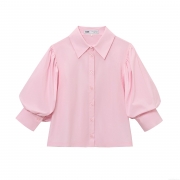 Women Puff Sleeve Shirt Collar Blouse Polyester Cotton Poplin Solid Color Single Breasted Button Down Office Elegant Blouse Tops for Women Daily Dating