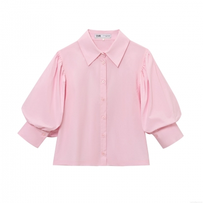 Women Puff Sleeve Shirt Collar Blouse Polyester Cotton Poplin Solid Color Single Breasted Button Down Office Elegant Blouse Tops for Women Daily Dating
