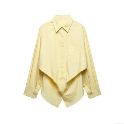 Women's Long Sleeve Polyester Poplin Shirt Elegant Minimalist Irregular Layered Hem Blouse With Single Pocket Casual Office Top For Lady