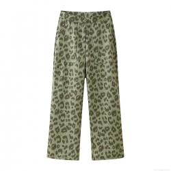 Women Fashion Leopard Print High Waisted Wide Leg Pants Casual Straight Long Trousers Polyester Olive Green Animal Print Bottoms