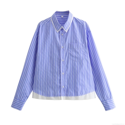 Women Fashionable Blue and White Vertical Striped Long Sleeve Shirt Contrast Fake Two-Piece Hem Button Down Collar Blouse with Pocket for Spring Autumn Daily Casual Office Lady Streetwear