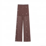 Women's High Waist Sequin Mesh Pants Elegant Beaded Sheer Wide Leg Trousers Coffee Brown Embroidery For Party Night Club Vacation