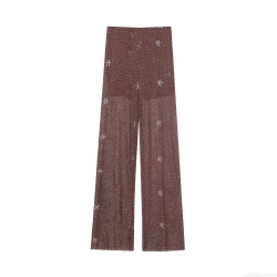 Women's High Waist Sequin Mesh Pants Elegant Beaded Sheer Wide Leg Trousers Coffee Brown Embroidery For Party Night Club Vacation