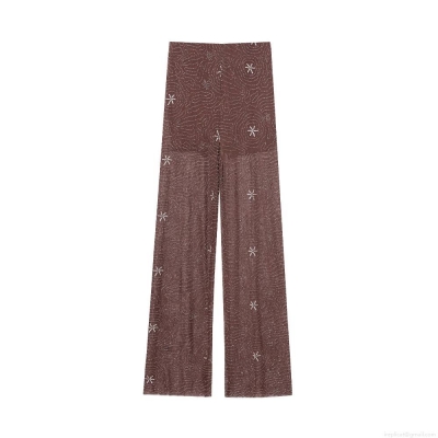 Women's High Waist Sequin Mesh Pants Elegant Beaded Sheer Wide Leg Trousers Coffee Brown Embroidery For Party Night Club Vacation